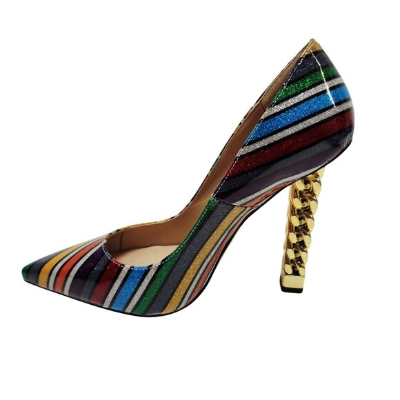 FSJ Womens Pointed Toe Chain Heel Striped Multicolor Pumps Size 8 - Picture 10 of 11